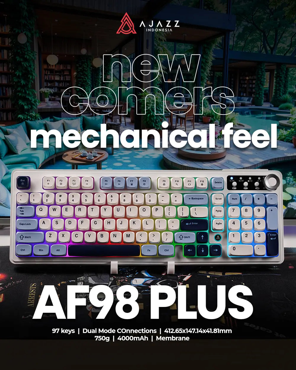 Ajazz AF98 PLUS RGB Tri-Mode Wireless Membrane Keyboard, Blue White (KAJZ703)