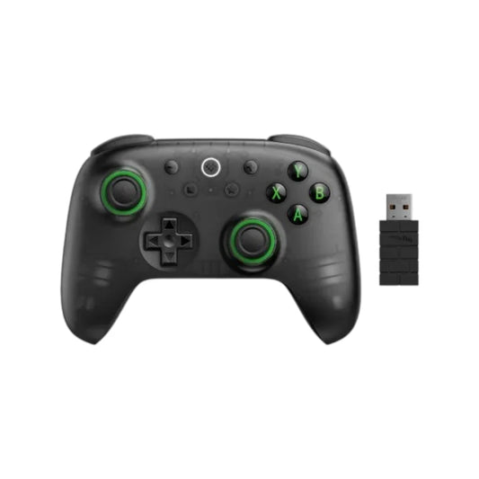 8BitDo Ultimate 2C tri-mode wireless gaming controller in transparent black with green accent buttons and USB receiver.