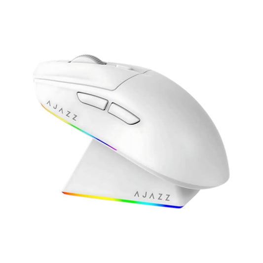 Ajazz AJ139 V2 MC white wireless gaming mouse with RGB rainbow accents and dedicated charging dock.