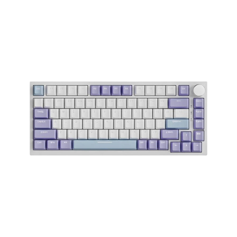 AJAZZ AK820 gasket-mounted 75% wired mechanical keyboard featuring white and purple keycaps with white backlighting.