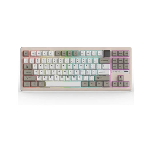 Ajazz QS87 Max tri-mode mechanical gaming keyboard in gray and white, featuring customizable connectivity, responsive switches, and a compact layout.