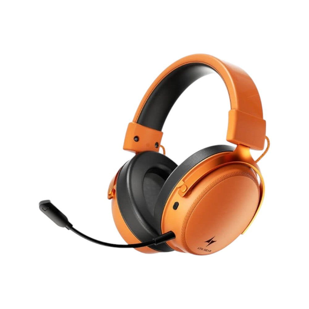 ATK Neptune N9 Ultra wireless gaming headset in Stellar Orange featuring an attached microphone and cushioned earcups.
