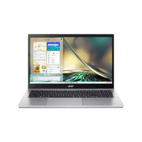 Acer Aspire 15 15.6-inch FHD Laptop in Silver featuring AMD Ryzen 5 7430U processor and full keyboard.