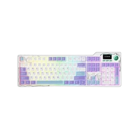 Ajazz AK35i V4 Tri-Mode Wireless RGB Mechanical Keyboard in Purple, White, and Blue colorway.