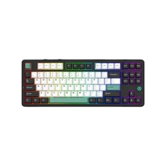 Ajazz AK870 V2 tri-mode wireless mechanical gaming keyboard in black, white, and cyan featuring customizable RGB backlighting.