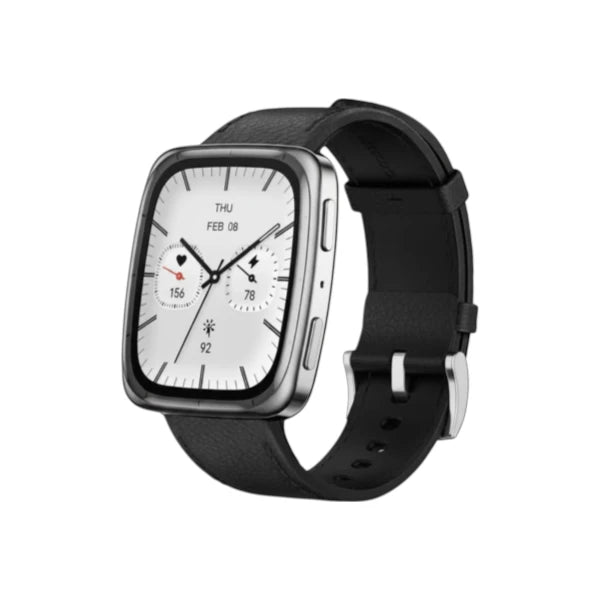Amazfit Active 2 Premium Version smartwatch featuring a rectangular silver stainless steel case and black textured strap.