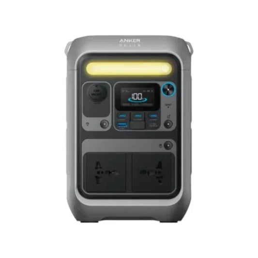 Anker SOLIX C300 300W portable power station featuring a digital display screen, dual AC outlets, and built-in LED light bar.