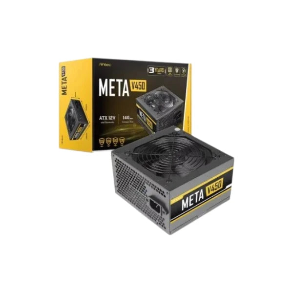 Antec Meta V450 450W desktop power supply unit with its retail packaging box.