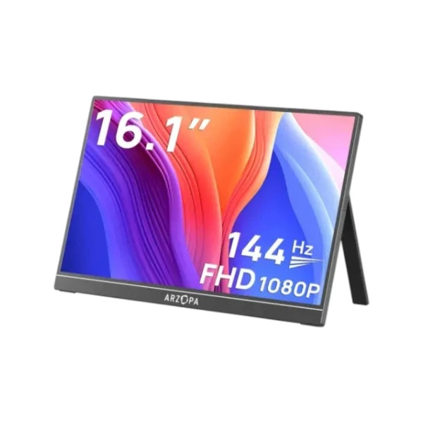 Arzopa G1 Game Max 16.1-inch 144Hz FHD IPS ultra-slim portable gaming monitor display showing dynamic action visuals.