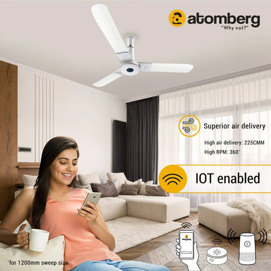 Atomberg Studio Smart+ 48" 35 Watt BLDC motor Energy Saving Anti-Dust Speed Indicator Light  Ceiling Fan with Remote Control ( White) AT-130