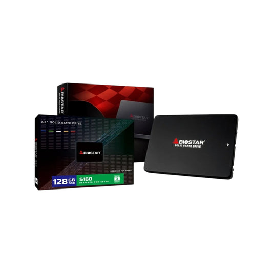 Biostar S160 128GB 2.5" SATA solid-state drive module and retail packaging.