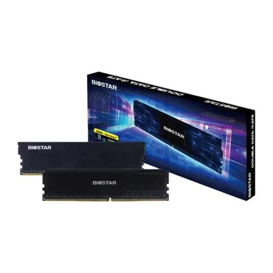 Biostar Storming V 8GB DDR4 3200MHz high-performance desktop memory module and its retail packaging.