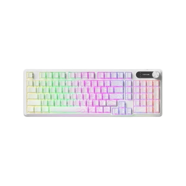 Furycube IP98 RGB mechanical gaming keyboard in white featuring rainbow backlighting and built-in rotary knob.