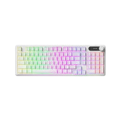 Furycube IP98 RGB mechanical gaming keyboard in white featuring rainbow backlighting and built-in rotary knob.