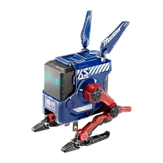 GravaStar Alpha65 65W GaN fast wall charger featuring a futuristic mecha robot design in war-damaged blaze blue and red accents.