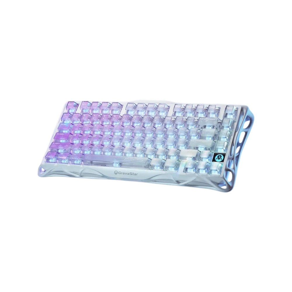 GravaStar Mercury K1 Lite Crystal Aurora tri-mode mechanical keyboard with a transparent frame and purple and blue backlighting.