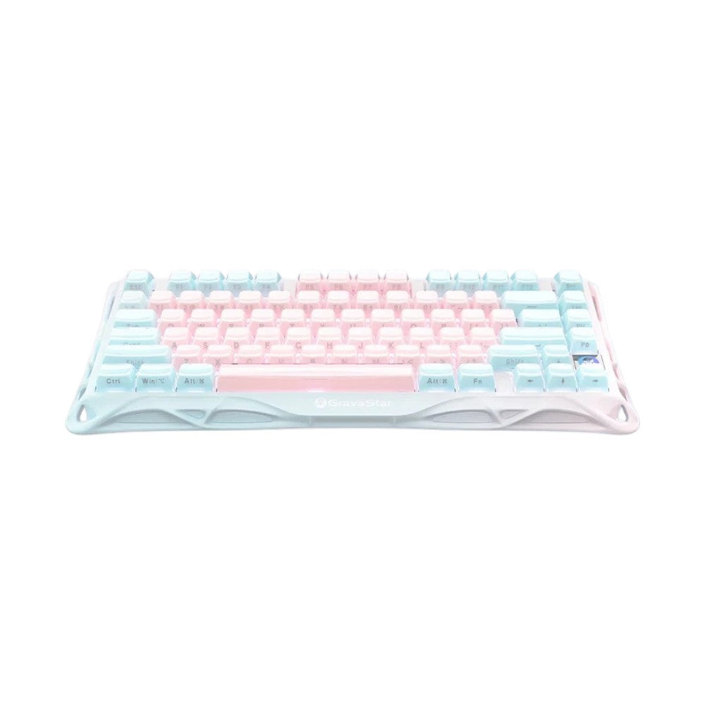 GravaStar Mercury K1 Lite Crystal Aurora tri-mode mechanical keyboard in Lumen Rose featuring a pastel blue and pink design.