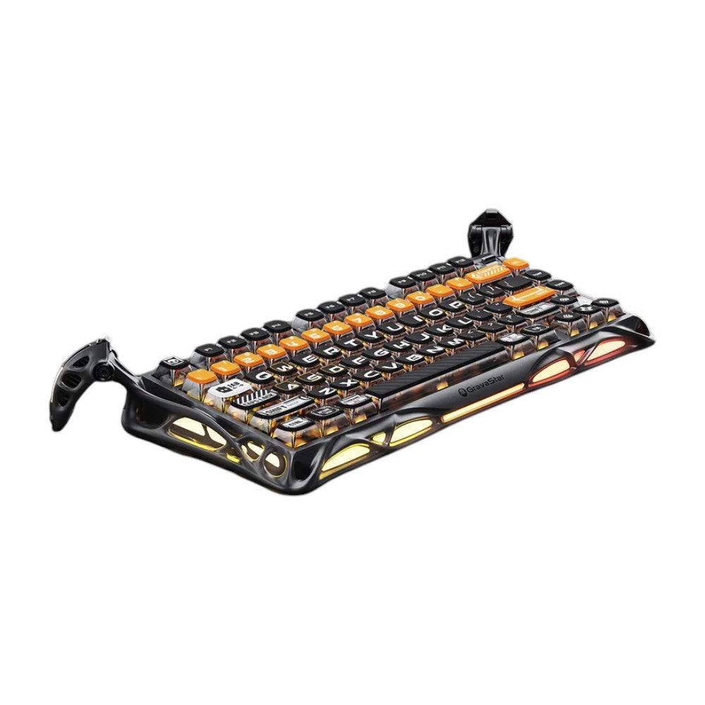 GravaStar Mercury K1 Pro mechanical keyboard in Cyber Flare edition featuring custom orange and black keycaps.