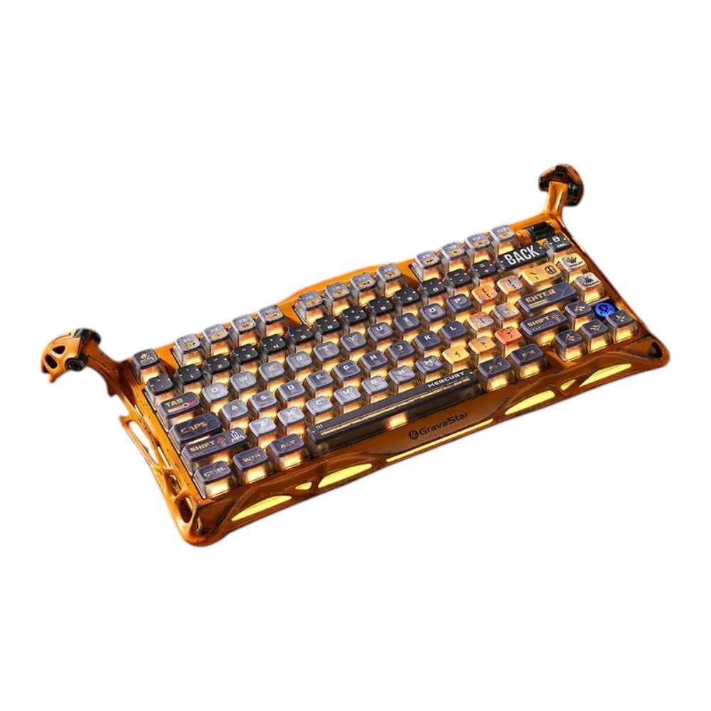 GravaStar Mercury K1 Pro Special Edition mechanical keyboard with a battle-worn yellow and gold geometric frame.