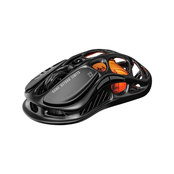 GravaStar Mercury M2 wireless gaming mouse in stealth black featuring a lightweight open-frame mecha design and ergonomic layout.