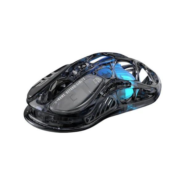 GravaStar Mercury M2 wireless gaming mouse featuring a transparent black hollow mecha design with ambient RGB lighting.