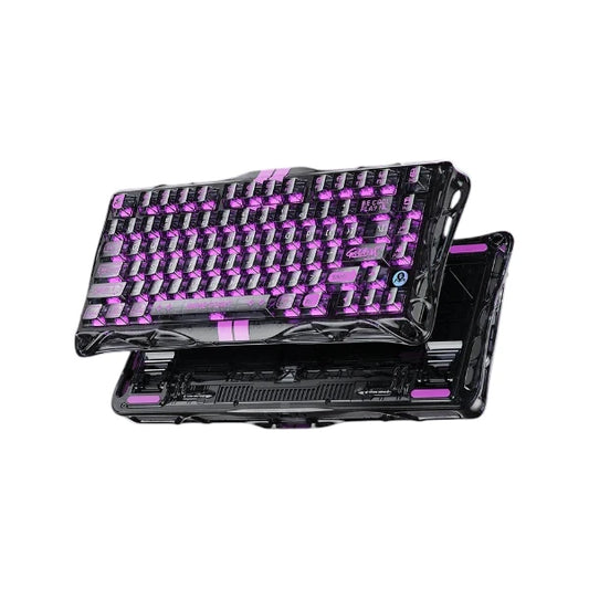 GravaStar Mercury V75 Lite magnetic gaming keyboard in transparent black featuring vibrant purple RGB backlighting.