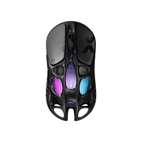 GravaStar Mercury X Pro 8KHz wireless gaming mouse in galaxy black featuring an open-frame mecha design with a futuristic magnesium alloy shell.