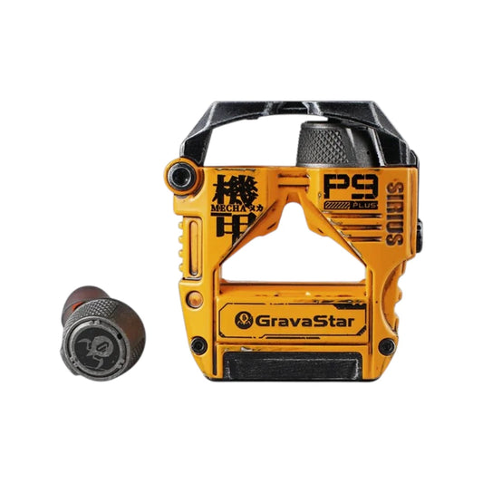 GravaStar Sirius Plus Special Edition war-damaged yellow wireless earbuds.