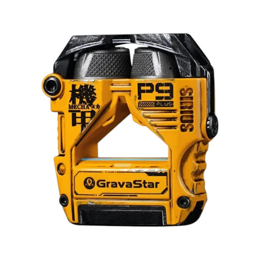 GravaStar Sirius Pro Plus true wireless gaming earbuds in a war-damaged yellow mecha-style charging case.