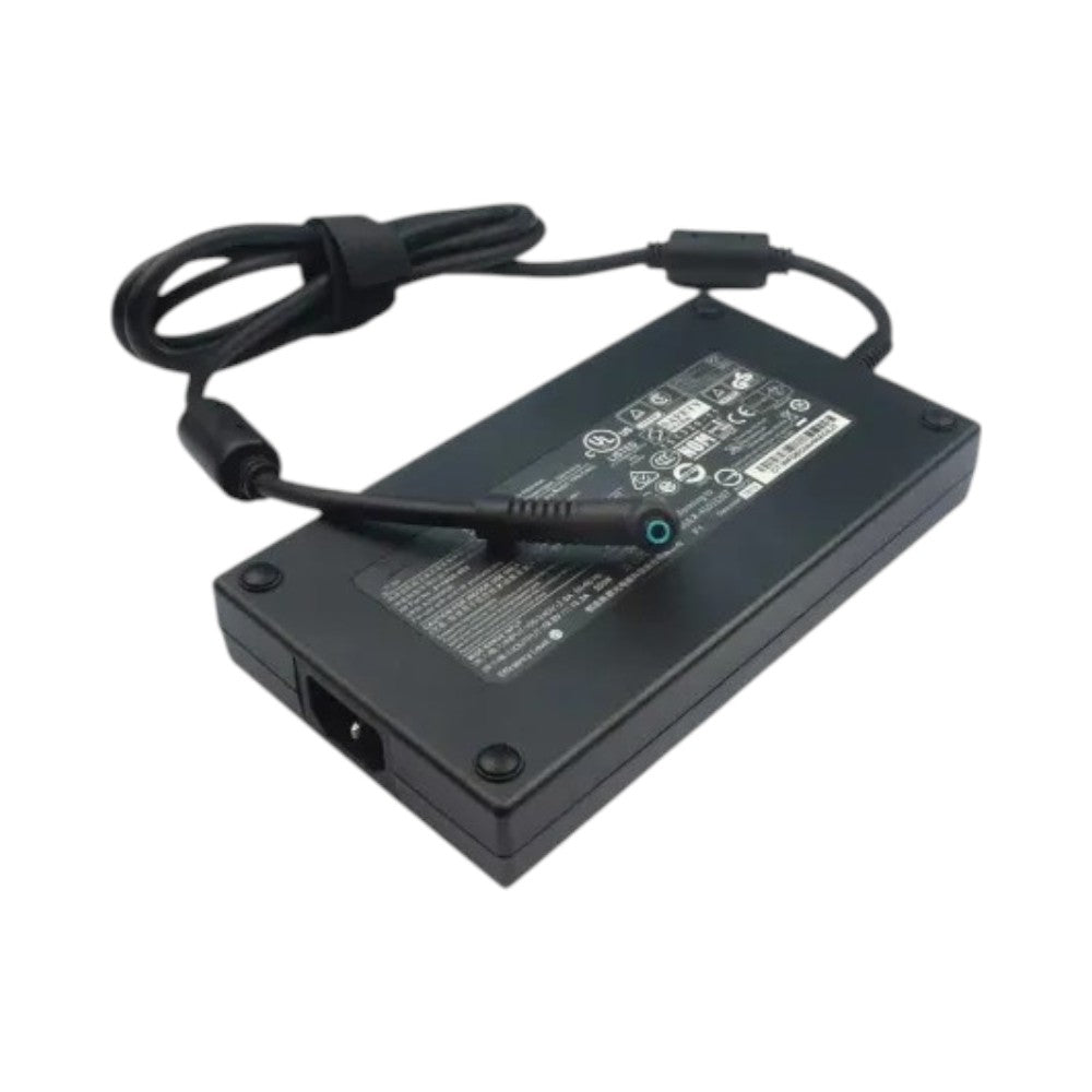 HP 200W laptop power adapter charger featuring a blue pin connector, 19.5V 10.3A output, and included black power cord.