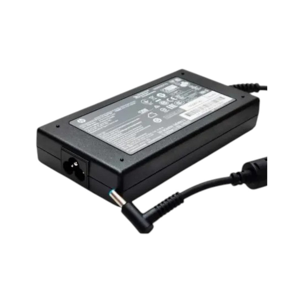 HP 120W laptop power adapter charger featuring a blue pin connector, 19.5V 6.15A output, and included black power cord.