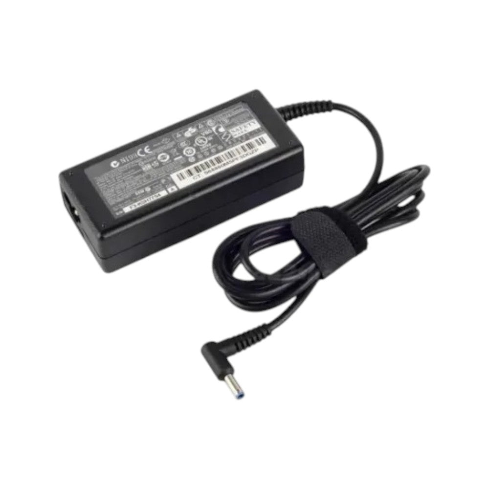 HP 150W laptop power adapter charger featuring a blue pin connector, 19.5V 7.7A output, and included black power cord.