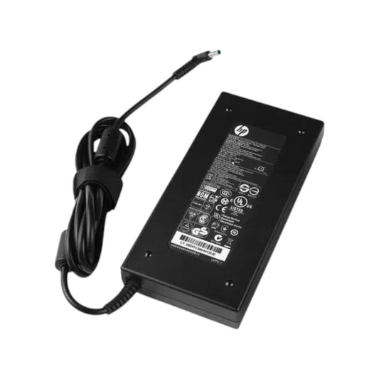 HP 150W laptop power adapter charger featuring a blue port connector, 19.5V 7.7A output, and included black cable.