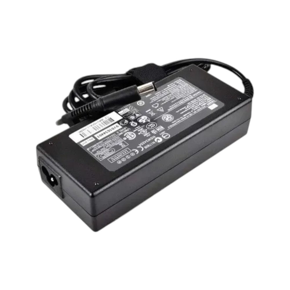 HP 120W laptop power adapter charger featuring an inside pin connector, 18.5V 6.5A output, and printed specifications label.
