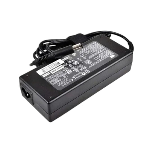 HP 120W laptop power adapter charger featuring an inside pin connector, 18.5V 6.5A output, and printed specifications label.