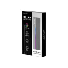 Hiksemi Aura RGB SYNC dual-protocol M.2 NVMe and SATA SSD enclosure with customizable RGB lighting alongside its retail packaging box.