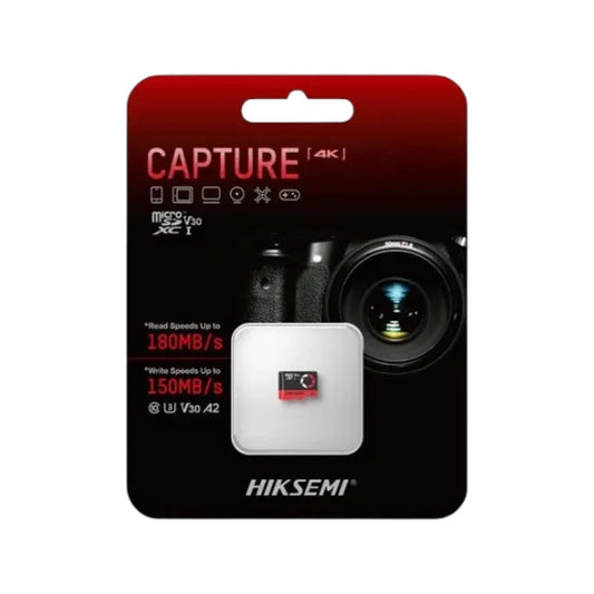 Retail packaging for Hiksemi Capture 64GB MicroSD memory card showing compatibility details and security hologram.