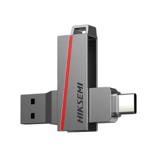 Hiksemi HS-USB-E307C 128GB USB 3.2 high-speed dual USB-C pen drive flash drive with a red accent stripe.