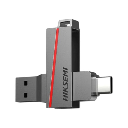 Hiksemi HS-USB-E307C 64GB USB 3.2 high-speed dual USB-C pen drive flash drive with a red accent stripe.