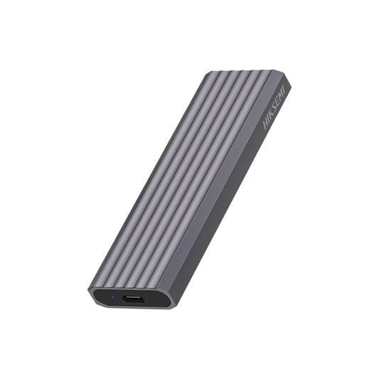 Hiksemi MDC1 gray external M.2 NVMe SSD enclosure case featuring a sleek aluminum design with a USB Type-C port.