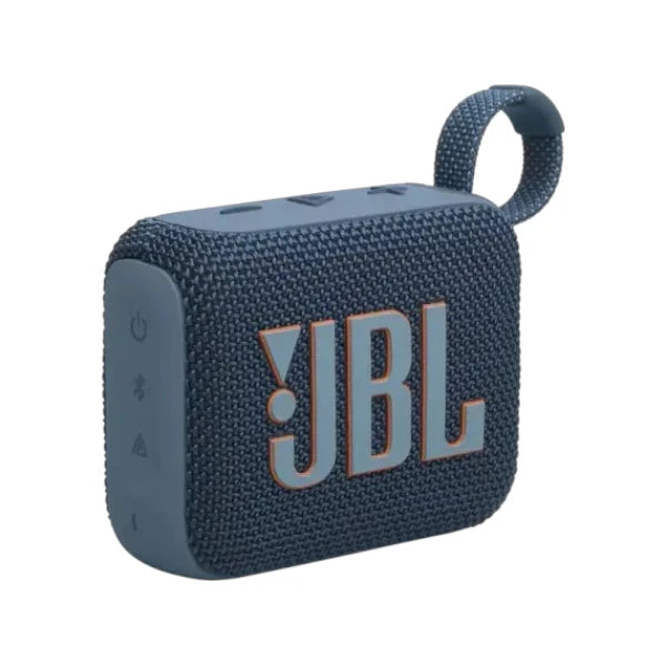 JBL Go 4 ultra-portable waterproof Bluetooth speaker in blue featuring a built-in strap and bold brand logo.