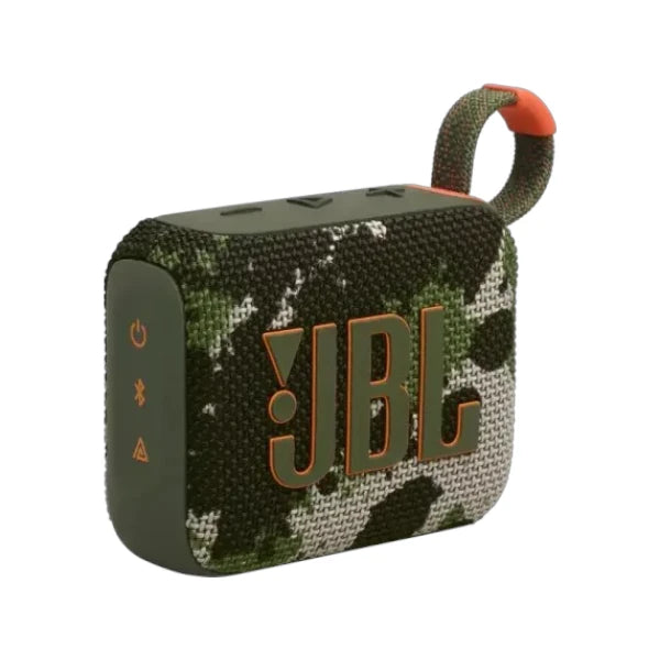 JBL Go 4 ultra-portable waterproof Bluetooth speaker featuring a distinctive camouflage squad pattern and a durable built-in strap.