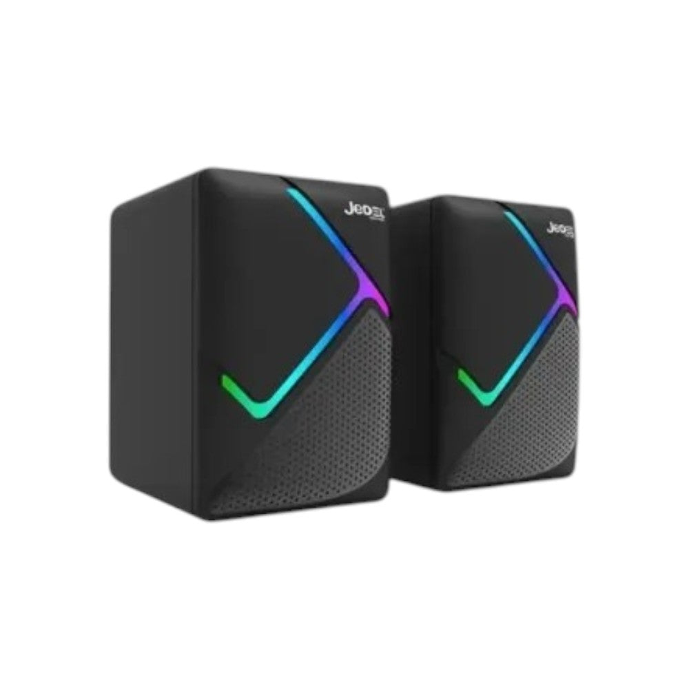 Jedel S-526 mini USB computer speakers in black featuring vibrant RGB lighting.