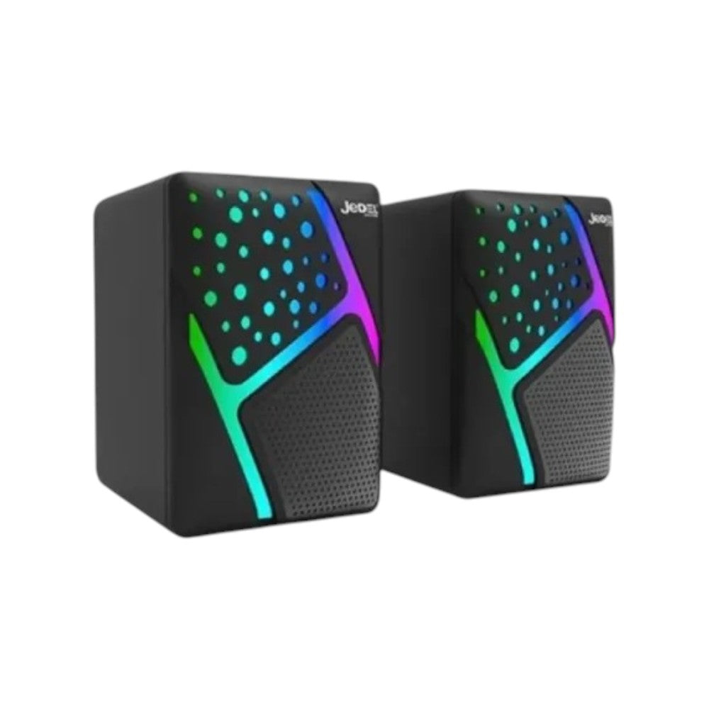 Jedel S-527 wired USB multimedia speakers featuring vibrant RGB LED lighting.