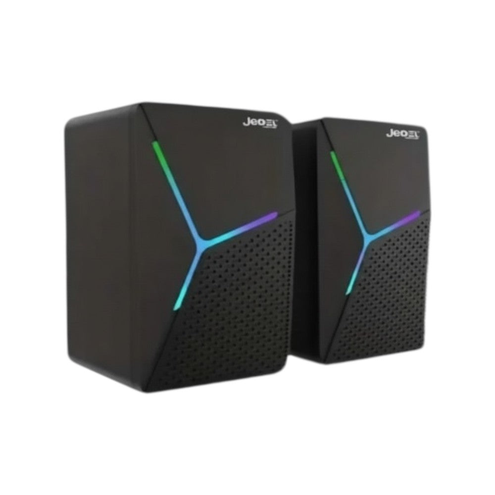 Jedel S-553 multimedia USB speakers in black featuring vibrant RGB lighting.
