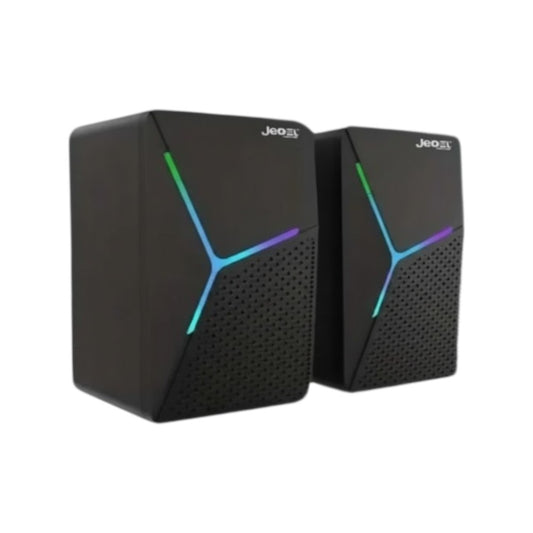 Jedel S-553 multimedia USB speakers in black featuring vibrant RGB lighting.
