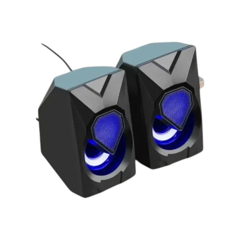 Jedel S502 multimedia stereo mini computer speakers featuring vibrant RGB lighting.
