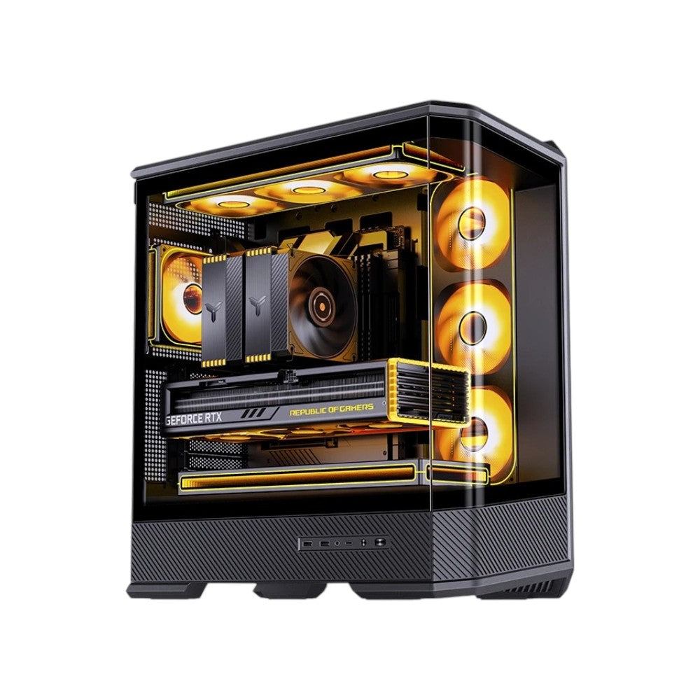 Jonsbo D400 ATX mid-tower computer case in black with a clear side panel showing internal components.