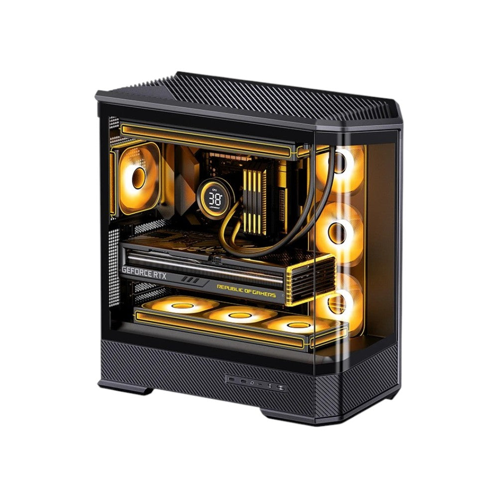 Jonsbo D400 ATX mid-tower computer case in black with a clear side panel showing internal components.