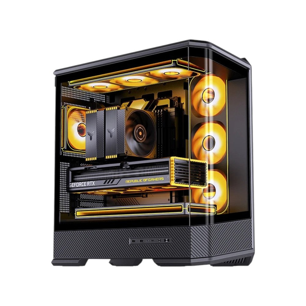 Jonsbo D400 ATX mid-tower computer case in black with a clear side panel showing internal components.